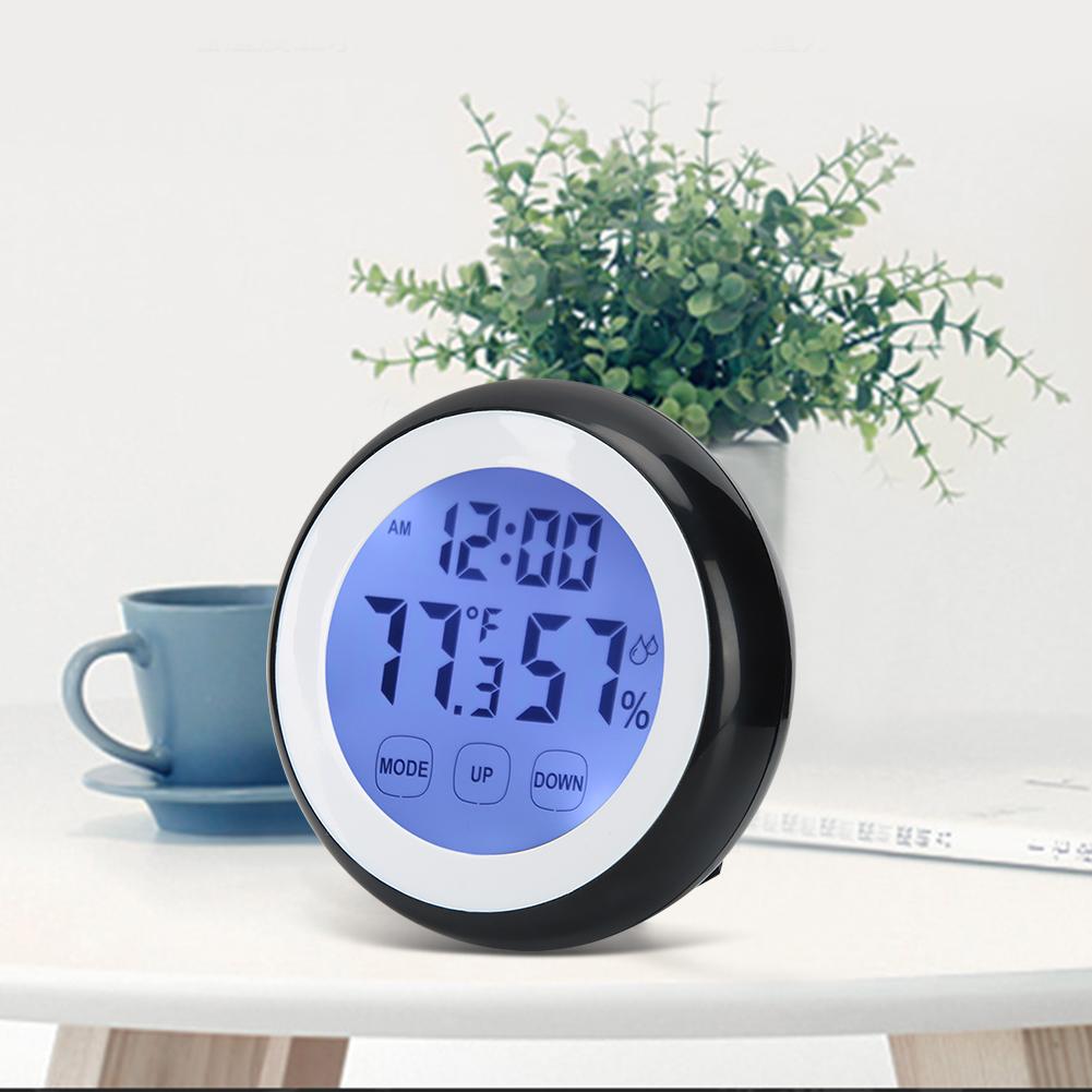 Round Shape Household Touching Digital Electronic Alarm Clock with Temperature Humidity Display