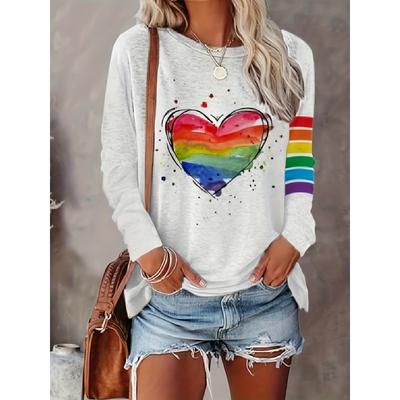 Regenbogen-Print, lässiges Langarm-T-Shirt mit Rundhalsausschnitt für Frühling und Sommer, Damenbekleidung