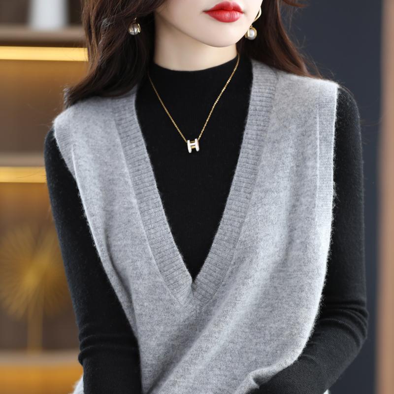Dámská vesta s výstřihem do V, kašmír Qinghe, 30 % kašmír 70 % vlna, zimní pletený svetr podzimní svetr kašmírový svetr