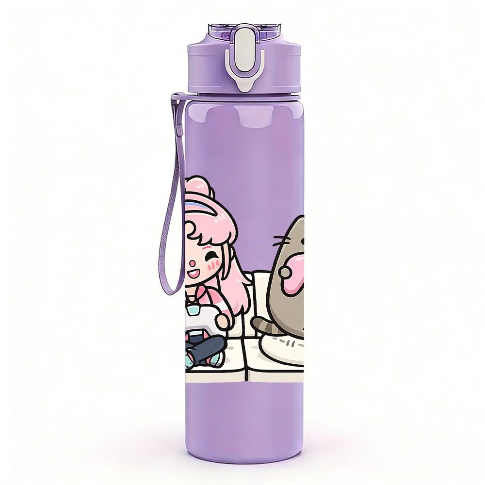1PC Chubby Cat Girl Cartoon 750ml Color Plastic Sports Water Bottle Leakproof Flip Straw Lid Suitable for Sports Office Home Use