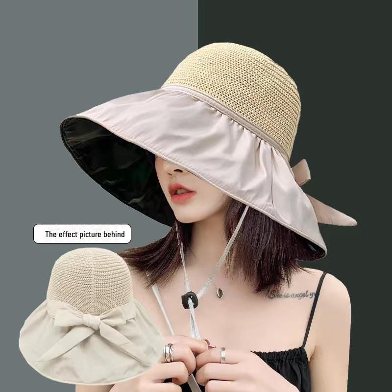 Women's Large Brim Black Sun Hat - UV Protection Summer Beach Fisherman Hat