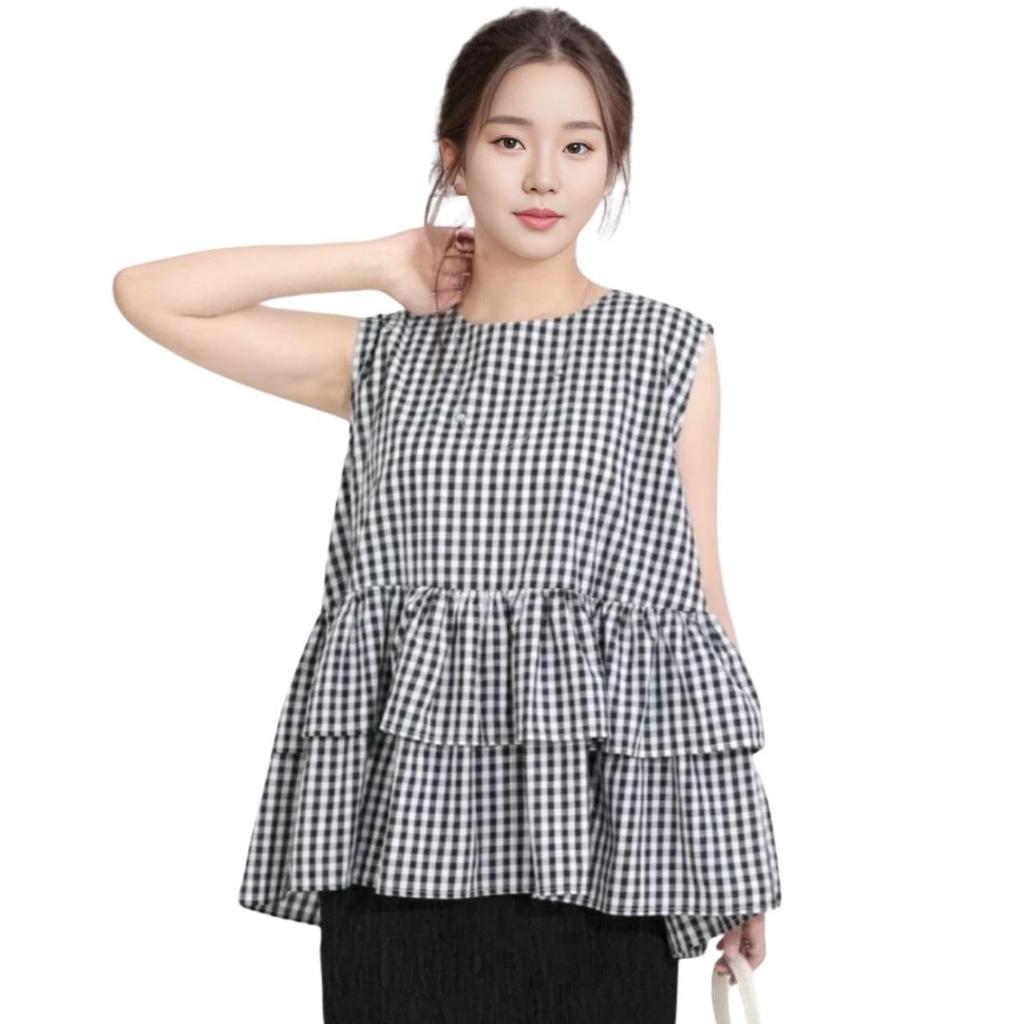 J-Scott Women's Tiered Blouse, Sleeveless, Ruffled Tunic, Round Neck, Feminine Check, JS152-CH-M