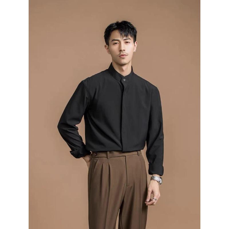 Mens Stand Collar Non Iron Slim Fit Long Sleeve Cool Casual Shirt