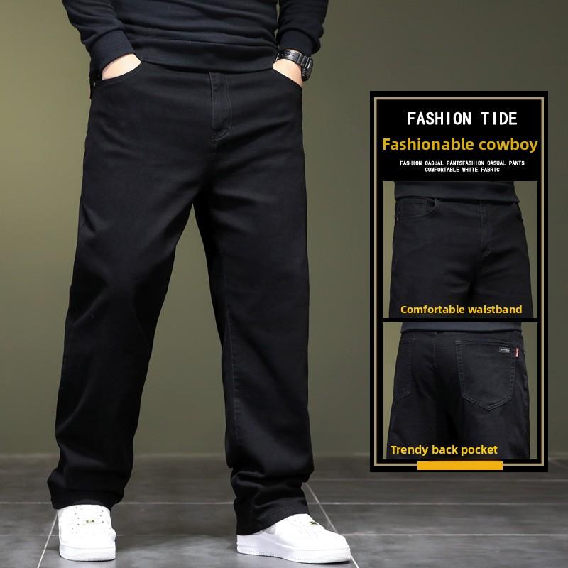 Pantaloni Denim cu Croială Dreaptă, Slim-Fit, Mărimi Mari, pentru Bărbați - Pantaloni Lungi Termici Negri pentru Sezonul Primăvară/Toamnă cu Elasticitate Ridicată