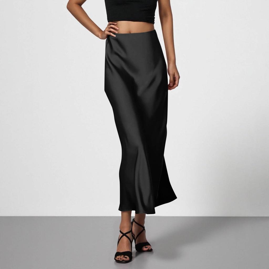 Stylish And Elegant Silky Satin Midi Skirt, Versatile, Slimming And Flowing Bodycon Maxi Skirt For Women.