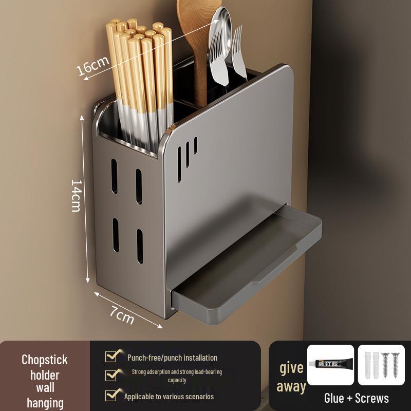 No-Drill Wall-Mounted Kitchen Storage Rack: Multifunctional Holder for Knives, Chopsticks, Pot Lids, and Seasoning Condiments