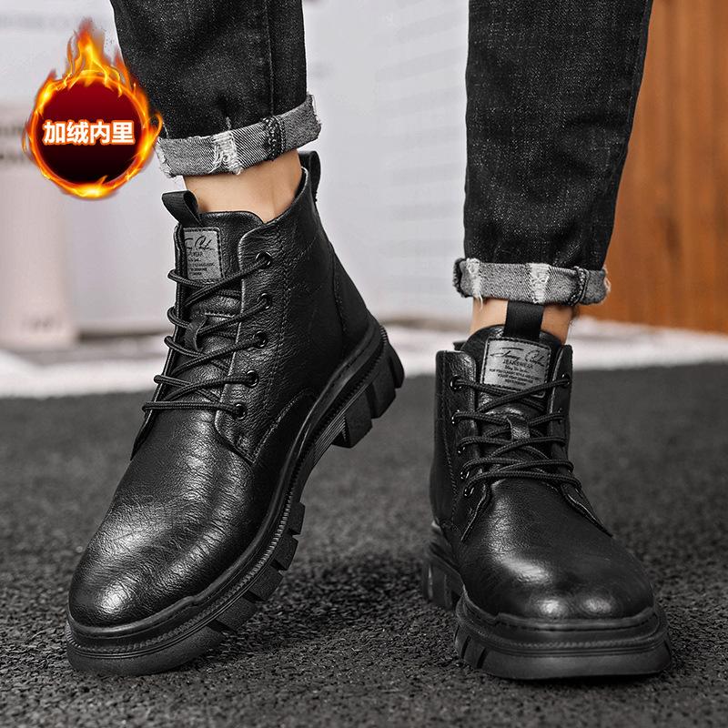 Winter Fashion Velvet Warm Martin Boots Personalized Polished High-top Leather Tooling Boots Men's Lace-up Casual Leather Boots