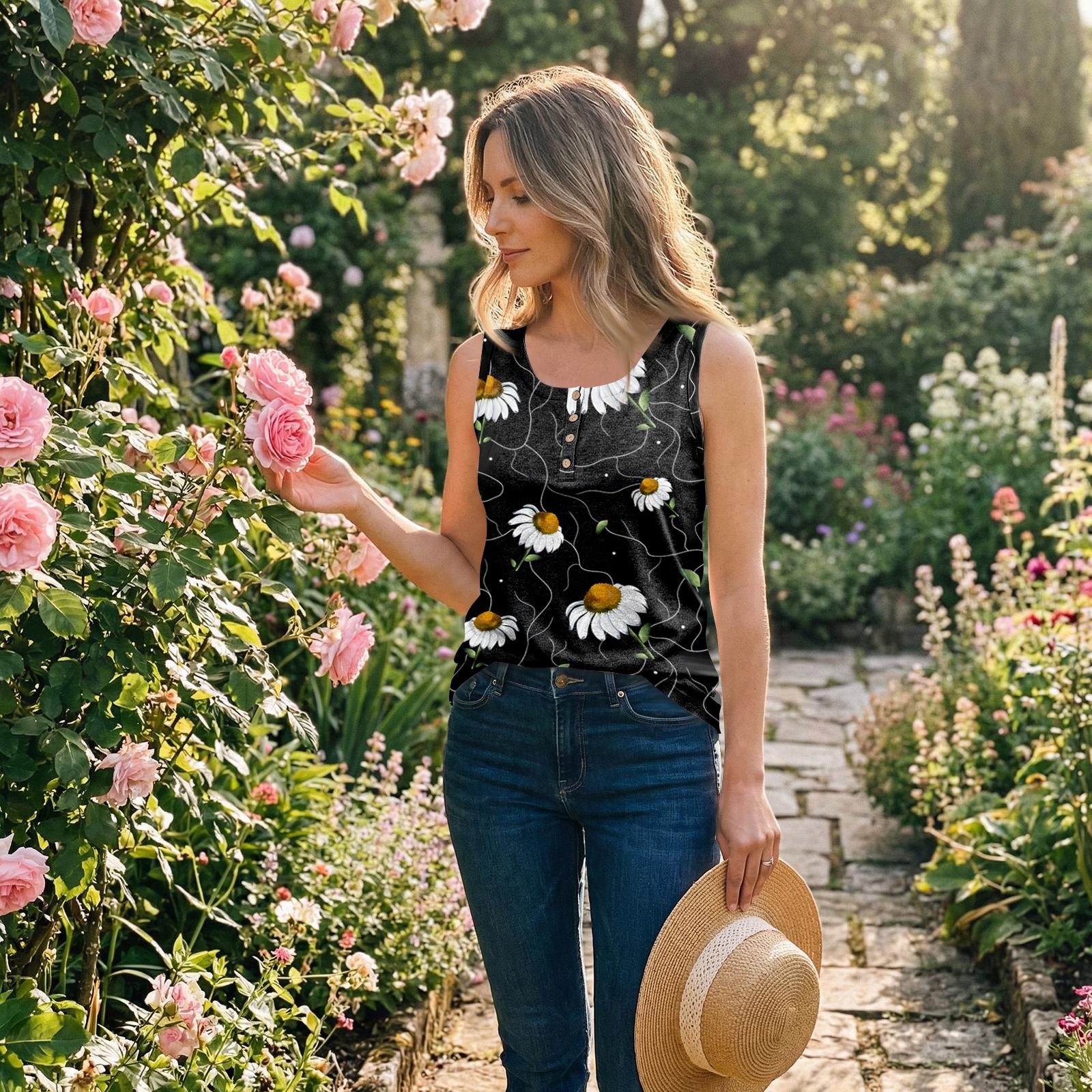 Women Sleeveless U Neck Button Front Floral Print Casual Tank Top Summer Lightweight Blouse M