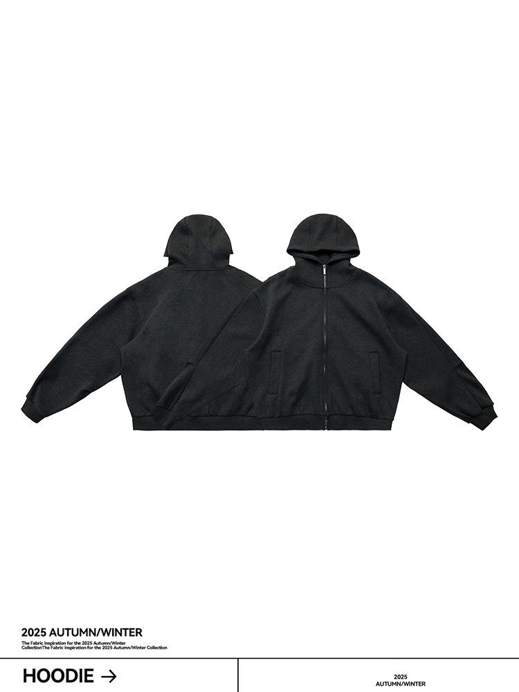 Men's Heavyweight Silk Wool Hooded Sweatshirt with High Collar and Zipper - 580g Plus Velvet Warm Jacket