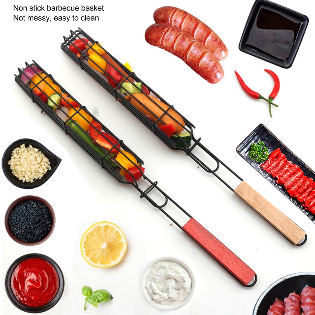 Kabob Grilling Baskets Lockable Iron Kebab Grill Grate with Wooden Handle for Grilling Vegetables Hot Dog Meat