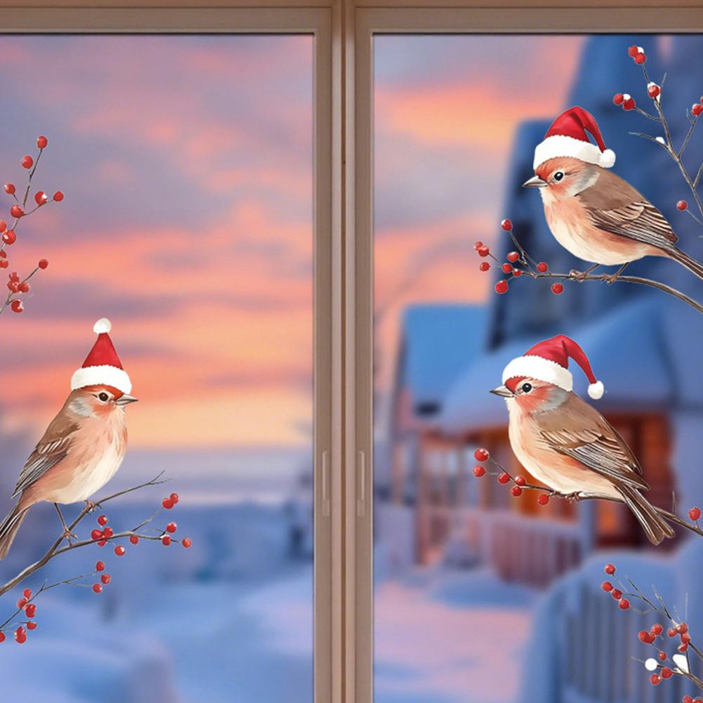 Red Christmas Hat Sparrow Bird Static Atmosphere Sticker Door Holiday Window Decorations Glass Shop M9M2