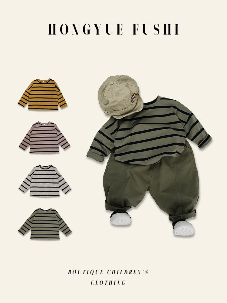 T-shirt a righe in cotone unisex per bambini coreani - Casual Primavera/Autunno Girocollo