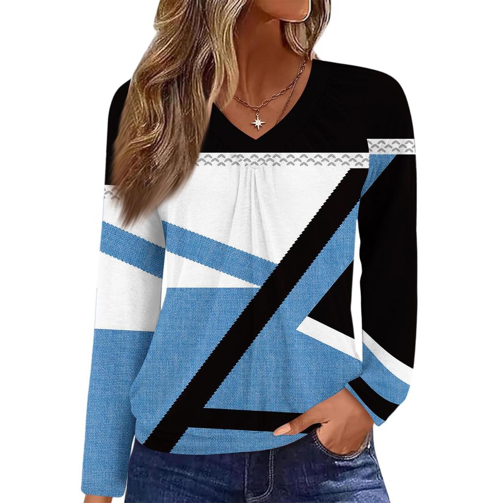 Women's Casual Fashion V-Neck Raglan Pleated Floral Print Long Sleeve Top