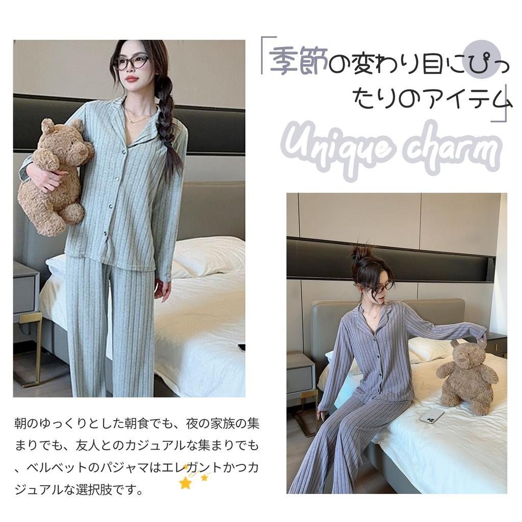 Tiernyueth Lapel Pajamas with Striped and Sanded Long Casual Sleepwear for and Winter Women's V-Neck Buttons, Pattern, Sleeves, Simple, Lightweight,