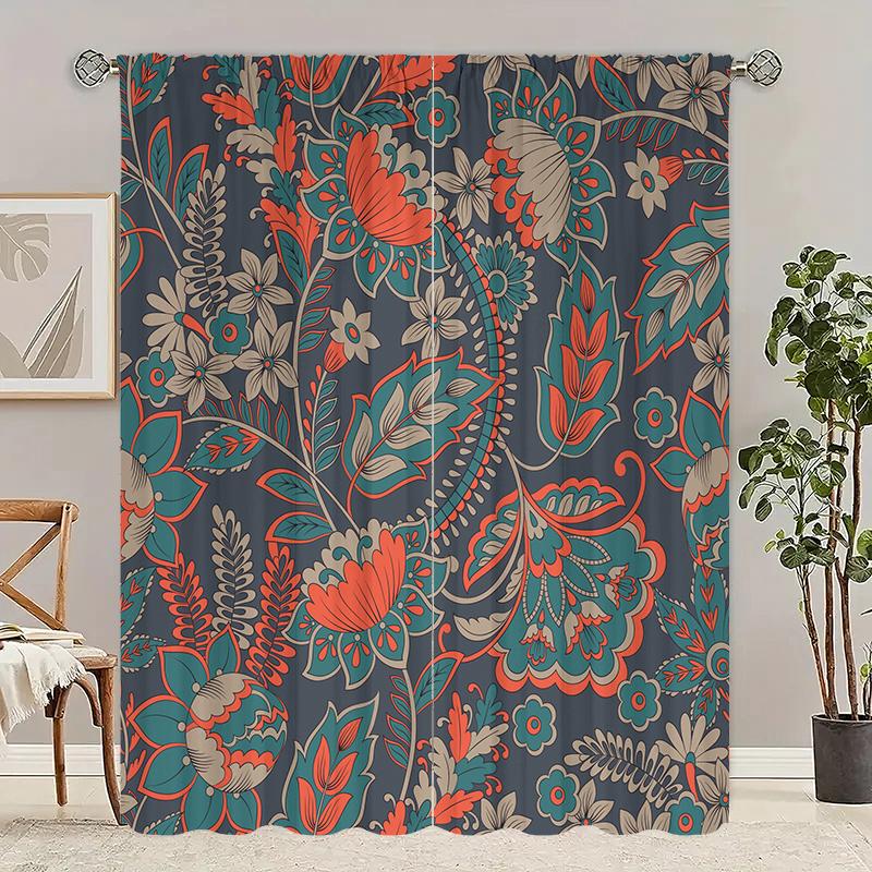 

Set Of 2 Vintage Flower Printed Curtain Polyester Material Suitable Family Bedroom Living Room Decoration Ideal For Sitting W100*H70(CM)-Hooks&2PCS