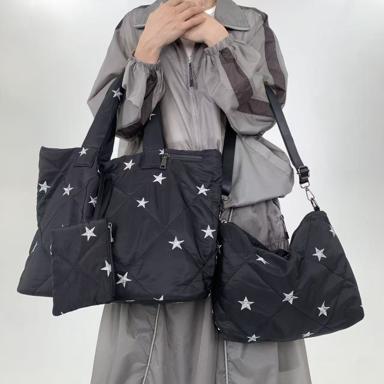 

Women S Quilted Cotton Clothes Tote Bag Three-Piece Set Star Versatile Shoulder Handbag