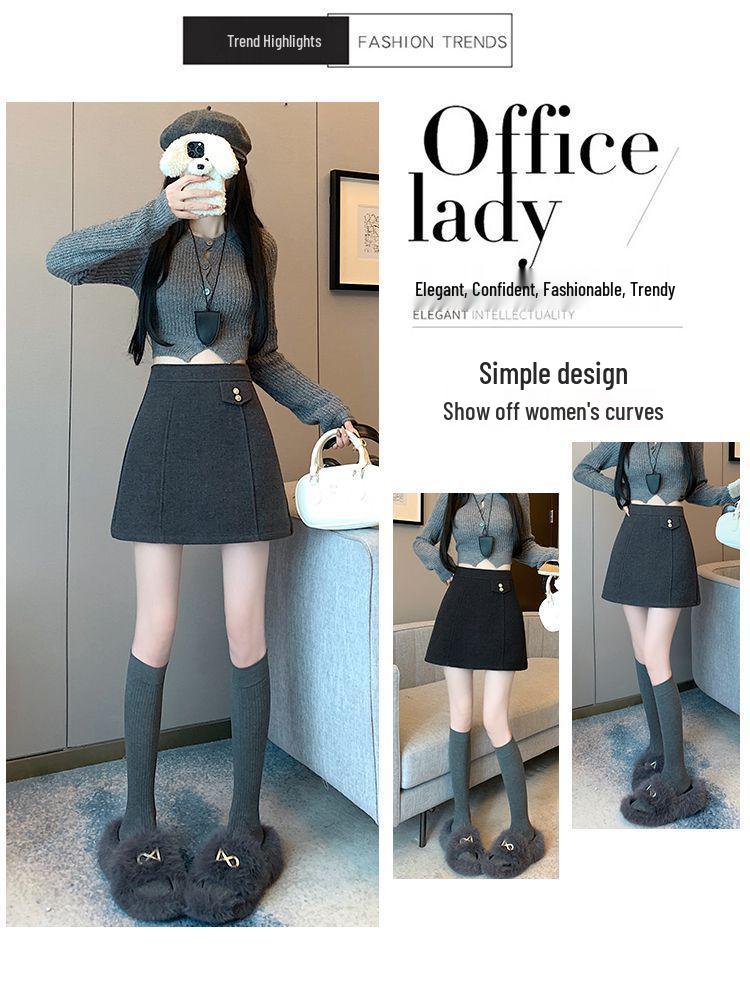 Grauer Wollmischung High-Waist A-Linien Petite Bodycon Rock - Elegante Herbst/Winter 2025 Mode