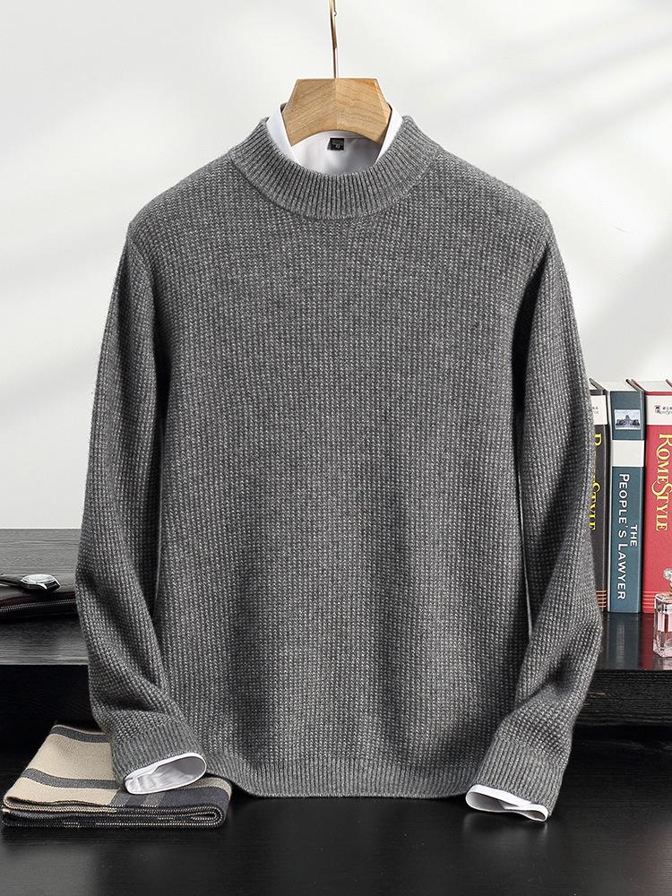 Men's Double-Ply Jacquard Cashmere Sweater - Thick, Half-High Neck, Loose Fit for Autumn/Winter Fashion.