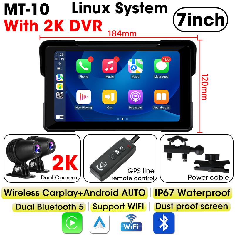 7 Inch Motorcycle GPS Navigation 2K HD DVR Wireless CarPlay Android Auto IP67 Waterproof Display Screen Portable Moto Monitor