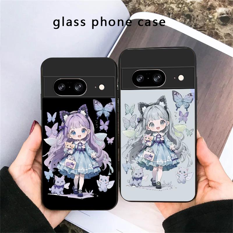 Q-version Blue Butterfly For Google Pixel 8 7 9 10 Pixel 10 Pro XL Pixel 9 Pro XL Pixel 8a 7a Pixel 7 Pro Black Glass Phone Case