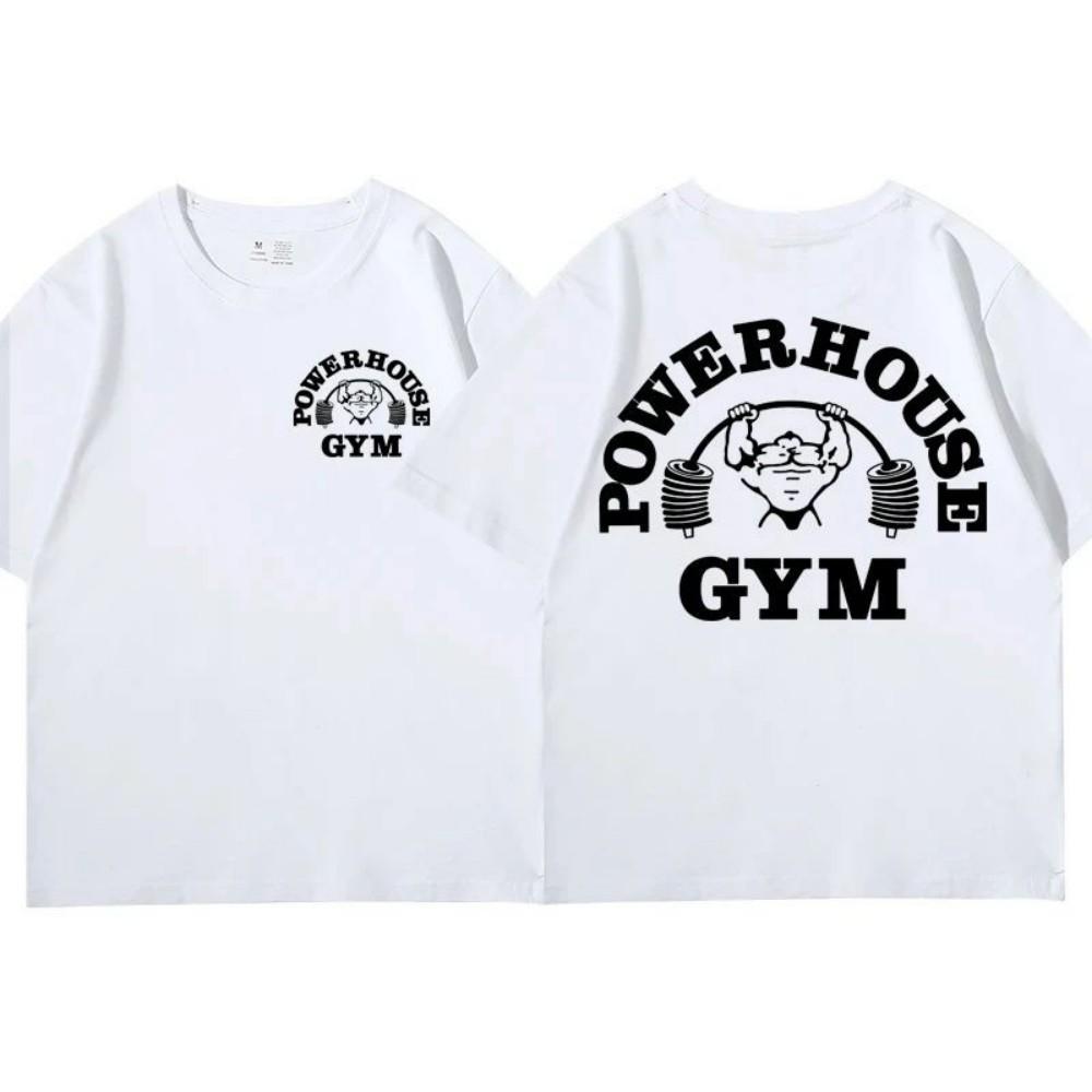 Powerhouse Gym Pattern T-shirt Men's Fun Breathable Round Neck T-shirt Outdoor Leisure Geek Fitness Retro Top