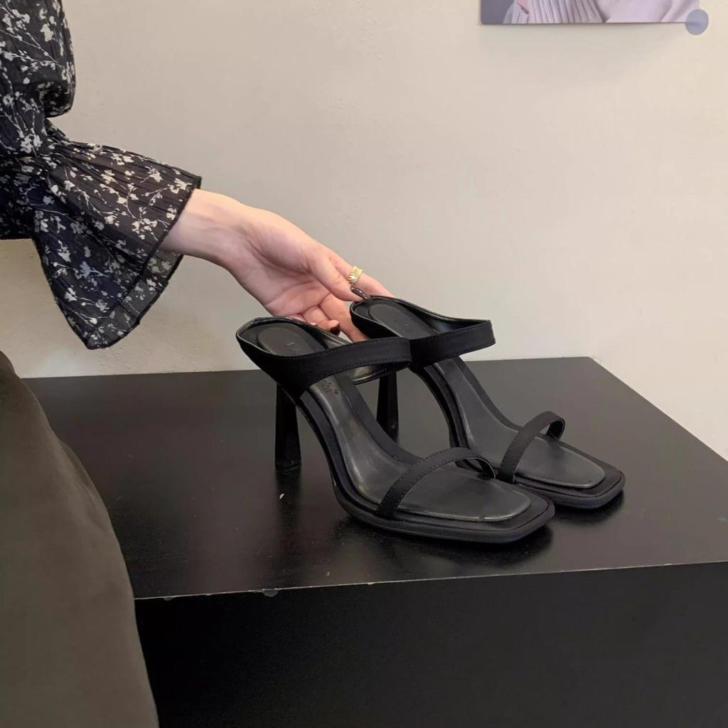 Premium Silver Square Head High-heeled Sandals Women's 2024 Summer New Thick-soled Stiletto Fairy Muller Shoes One-word Slippers