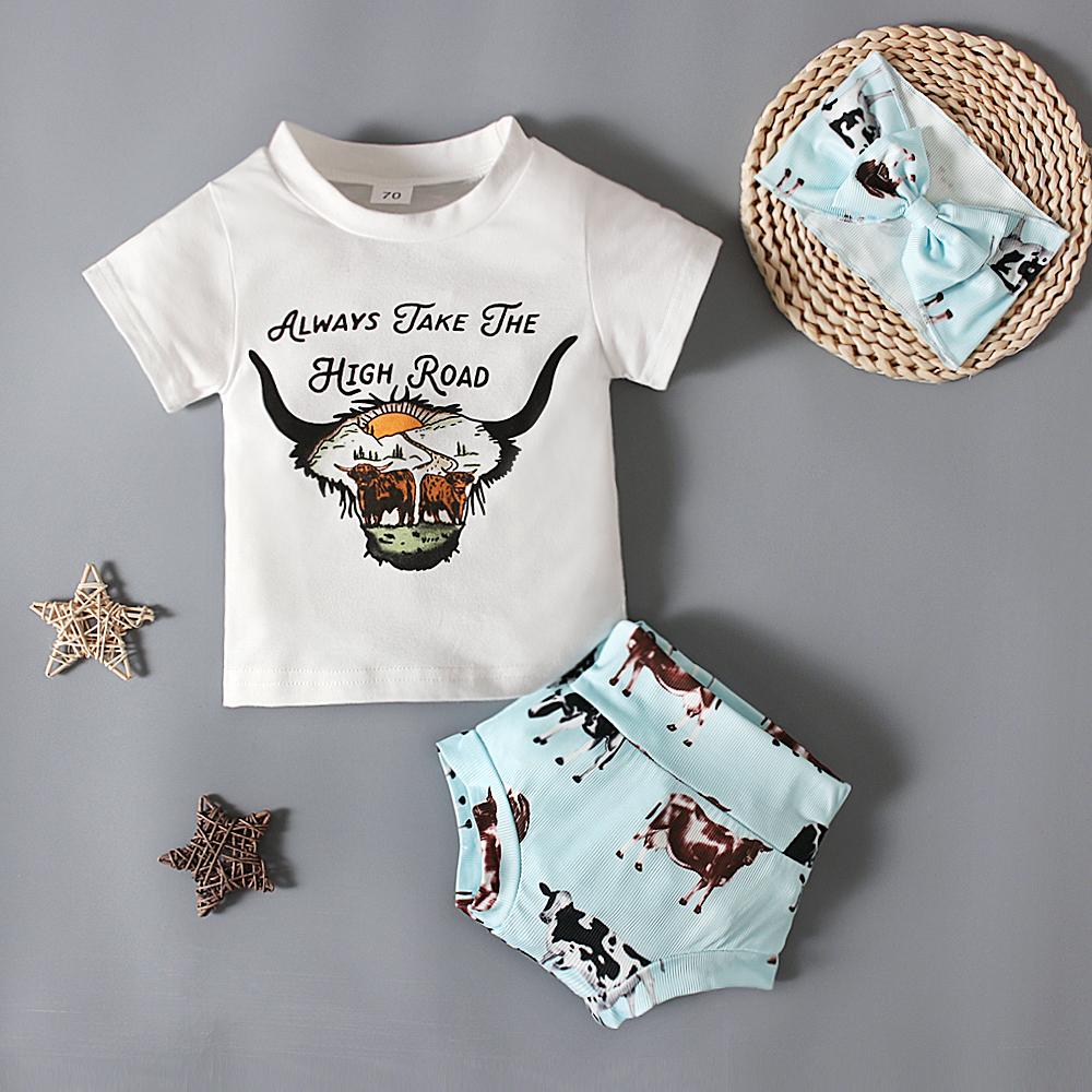 Summer Baby Animal Printed Tee Shirt + Shorts + Headband 3PCS Outfits Clothes for 0-3 Years