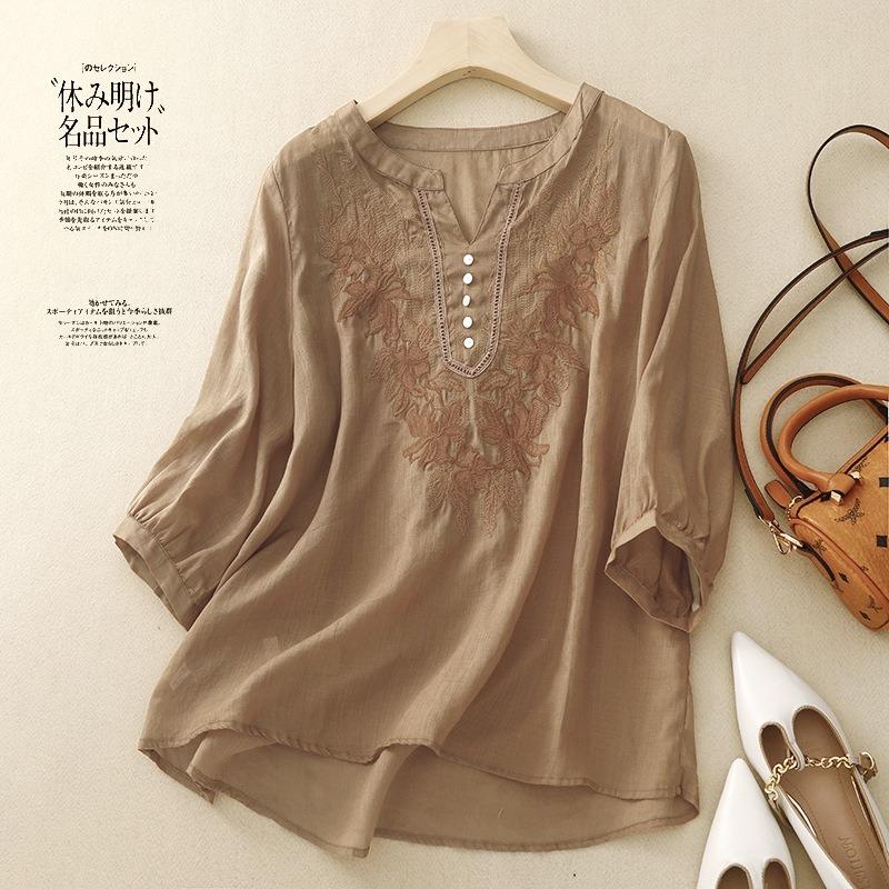 Women Casual Loose Embroidered Lantern Sleeve V Neck Button Decorated Blouse Top M коричневый