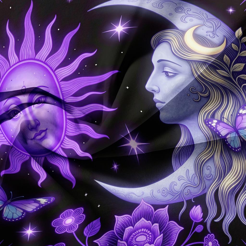 3 Pieces Purple Celestial Sun Moon Goddess Duvet Cover Set, Star Butterfly Floral Printed Bedding, Multiple Sizes Available