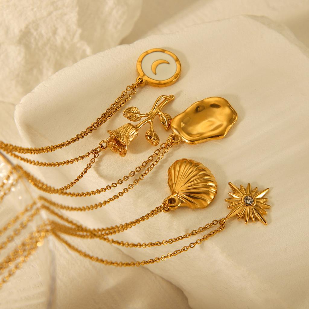 Fashion Versatile Women Necklace Rose Flower Eight Pointed Star Moon Scallop Titanium Steel Pendant Jewelry