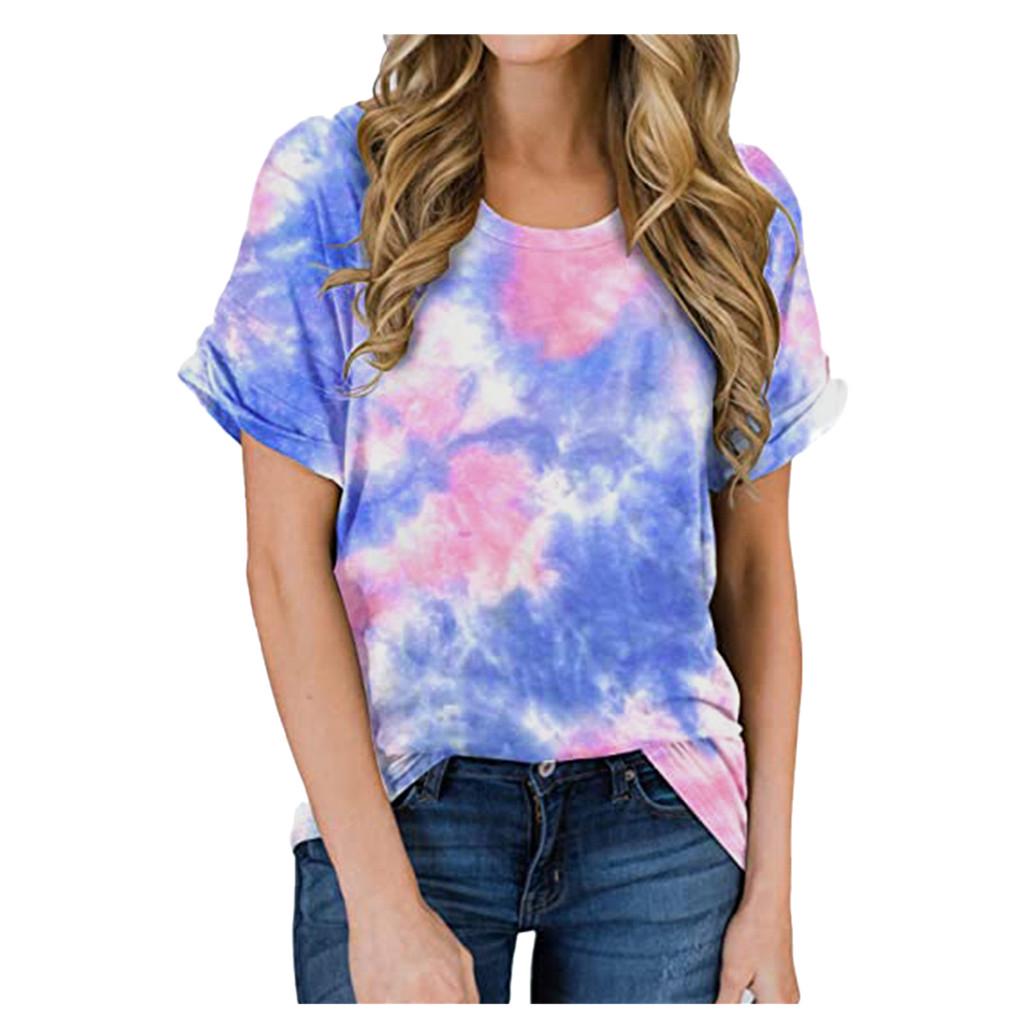 Kvinners rundhals kortermet Tie-Dye Print Uformell løs topp T-skjorte bluse