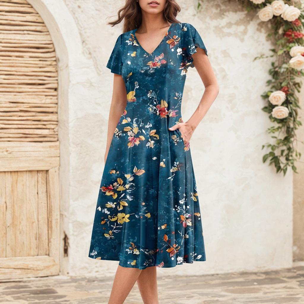 Women's Summer Fashion V-Neck Ruffle Sleeve Retro Elegant Midi Dress