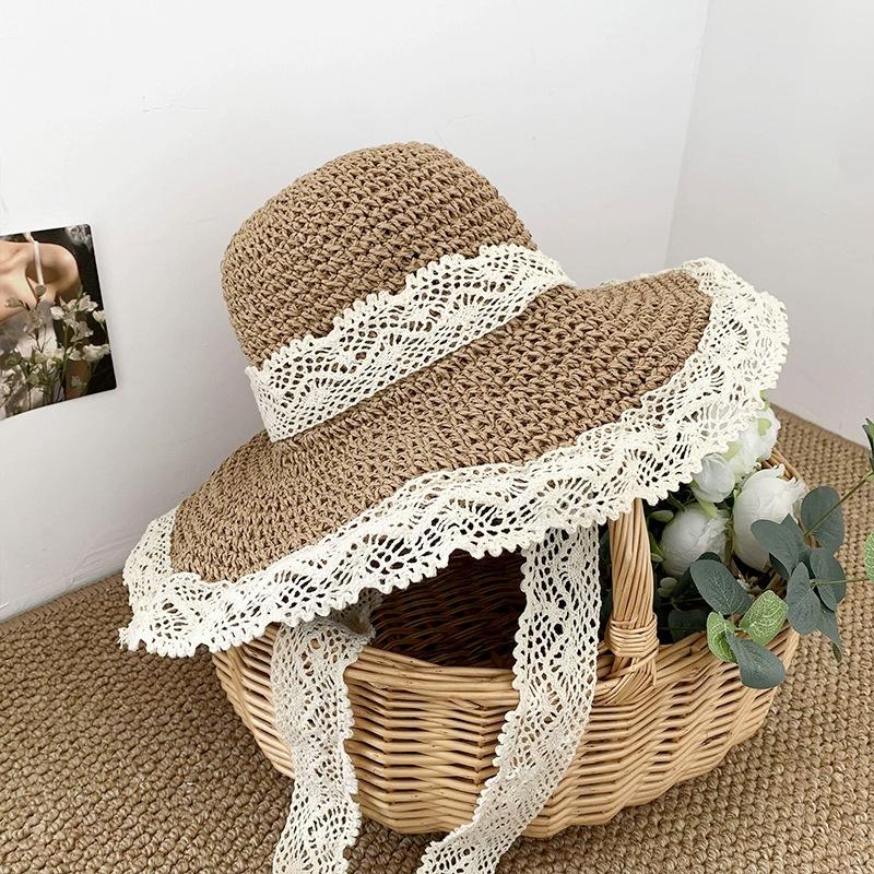 Women's Summer Travel Straw Hat Breathable Lace Trim Hollow Out Sun Protection Sun Hat Wide Brim Seaside Sunshade Hat
