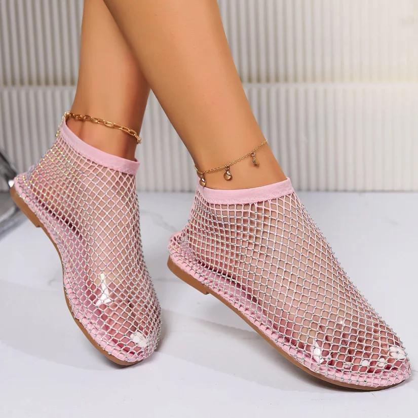 Fashion 2025 Summer Women's New Round Toe Flat Bottom Sandals Hollow Short Boots Water Diamond Sexy Flat Bottom Fashion Banquet Slippers