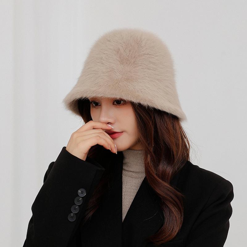 Rabbit Fur Bucket Hat Female Furry Fisherman Hat Korean Version Warm Hat Autumn and Winter Plush Cover Face Sunscreen Hat