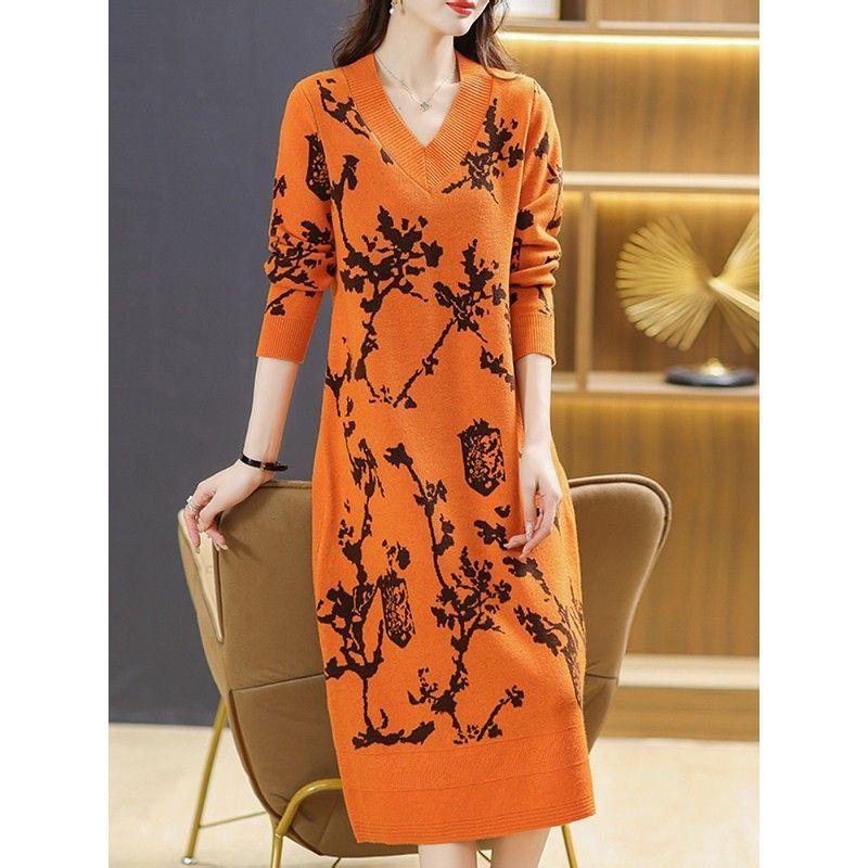 

Платье-свитер средней длины в западном стиле для женщин, свободное, благородное, для внутреннего слоя, новое осенне-зимнее вязаное платье S оранжевый