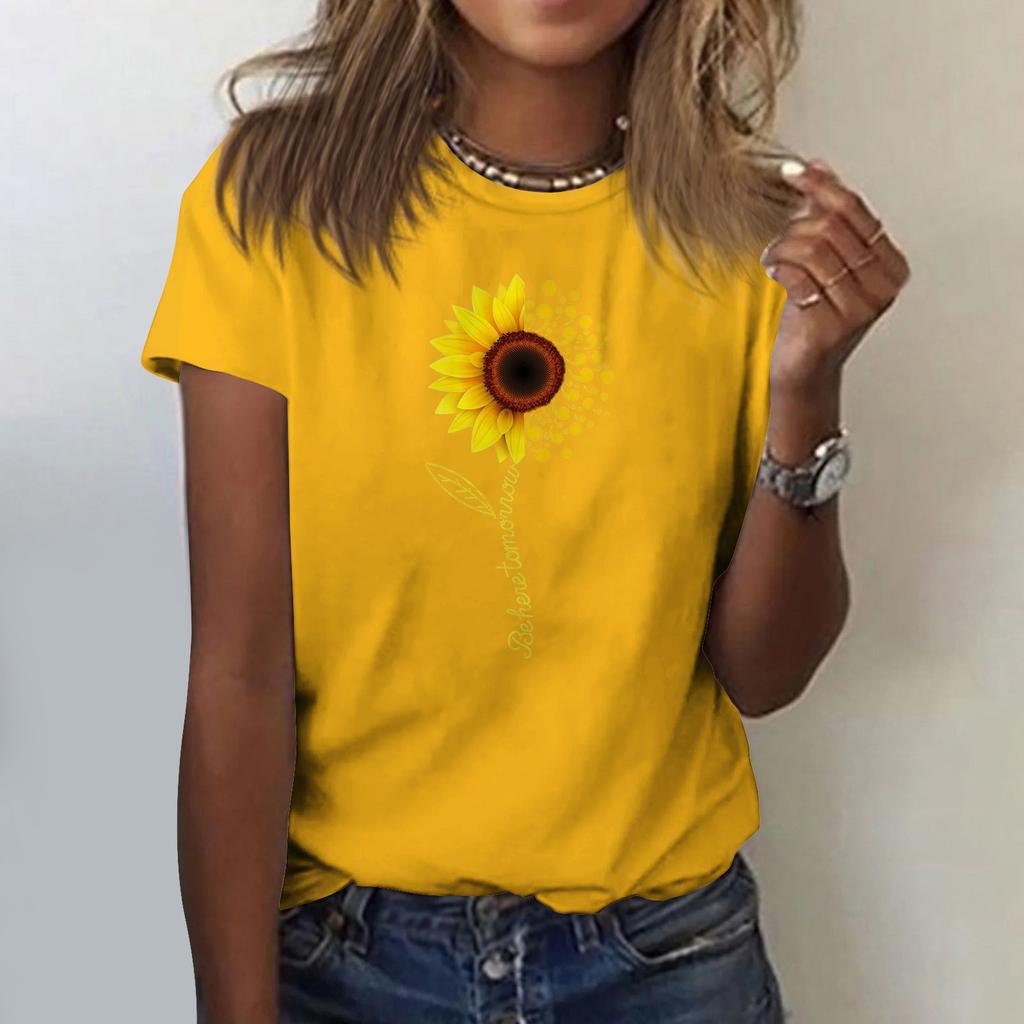 Sunflower Ladies Cute Print Short Sleeve Round Neck Front Shoulder Vintage Short Sleeve Summer Loose Shirt Top