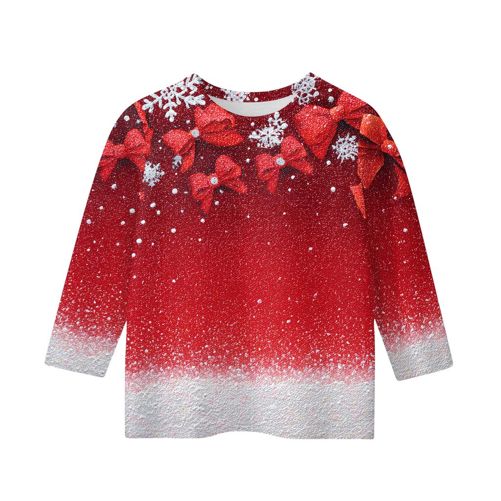 Christmas Day Print Tops For Youth Girls 4-11 Years Round Neck 3/4 Sleeves T-Shirts Trendy Tops Outfit Tees