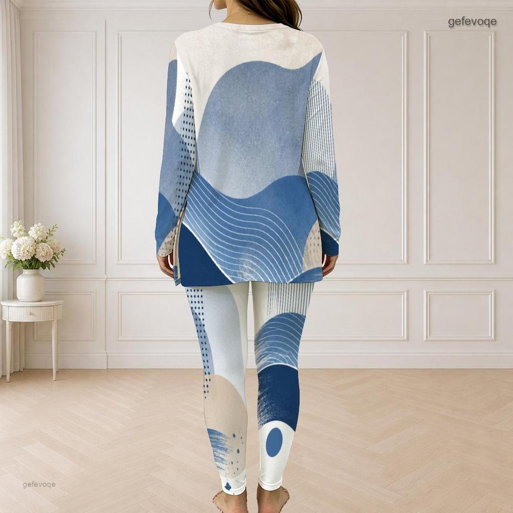 Women Plus Size Two Piece Pants Set Half Zip Neck Long Sleeve Blue White Printed Longline Top Fitted Pants