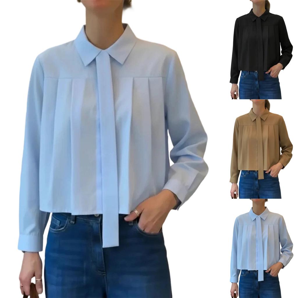Women's Fashion Color Lapel Long Sleeved Pleated Short Shirt Versatile Top