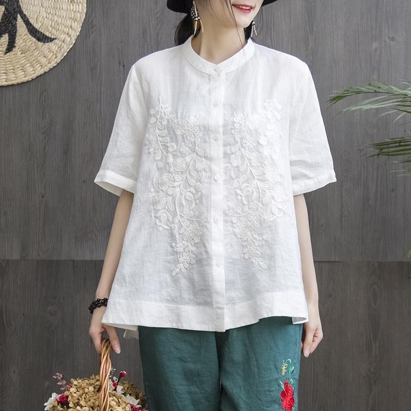 Women's Standing Collar Shirt Artistic Embroidery Shirt Plus Size Short Sleeved Shirt Women's Linen Shirt
