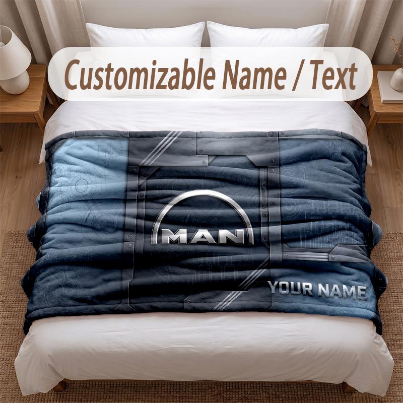 MAN Truck Printed Flannel Blanket Custom Name Text Soft Warm Throw For Bedroom Holiday Gift