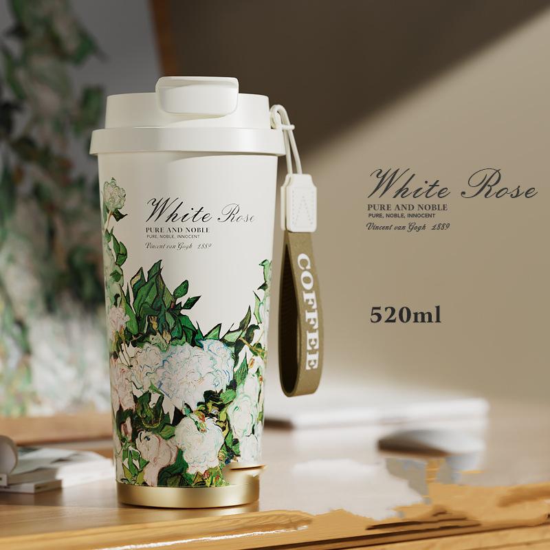 Van Gogh Style Flower Coffee Mug 500ml Stainless Steel Vacuum Flask Straw and Directly Drinking Insulated Tumbler Thermal Cup