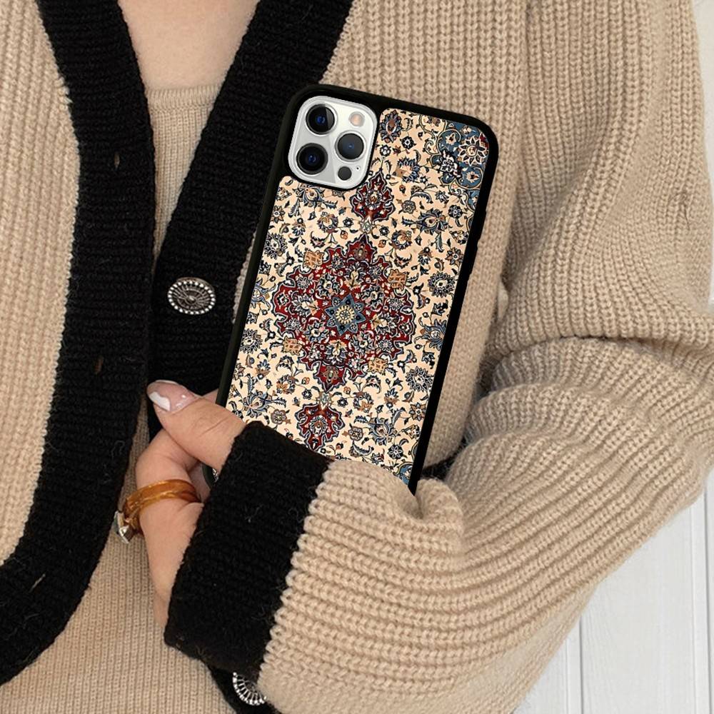 Persian Carpet Floral Pattern PC+TPU Phone Case For IPhone 17 16 15 14 13 12 11 Pro Max Plus Kawaii Cartoon Cover