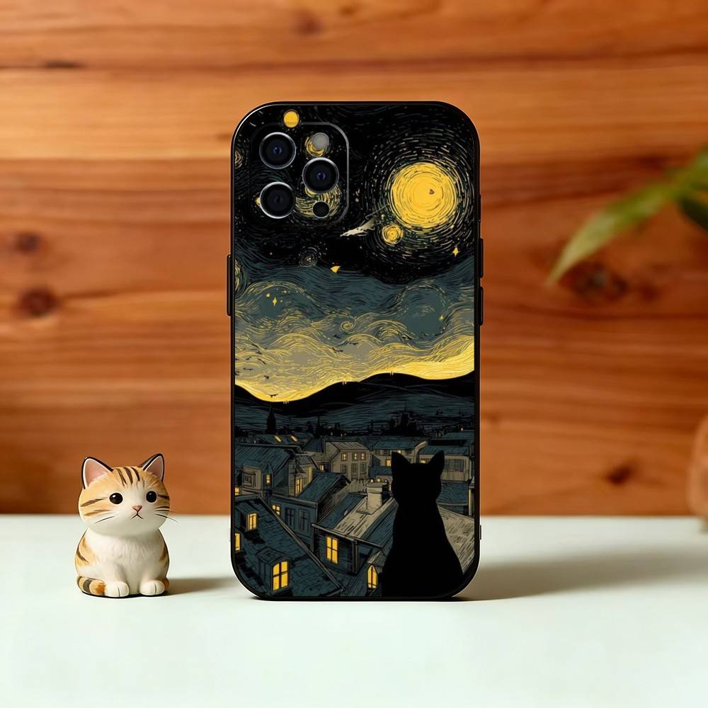 Cute Black Cat Illustration Phone Case For iPhone 17, 16,15,14,13,12,11 Plus,Pro Max, Others Soft Black Cover