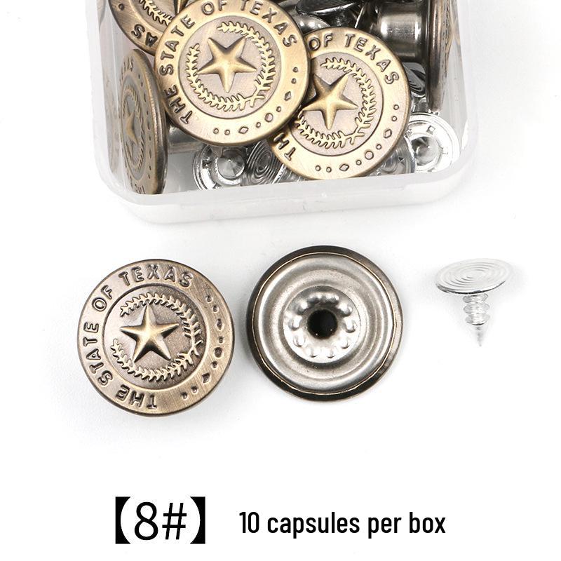 Metal Tack Buttons for Denim Jackets, Overalls, and Clothing - Men's, Women's, and Children's Apparel.