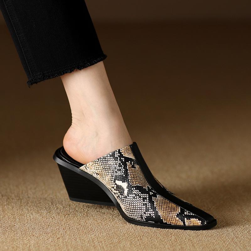 2024 New Genuine Leather Shoes Women Slippers Wedges High Heels Pointed Toe Mules Ladies Office Dress Shoes Slides Women