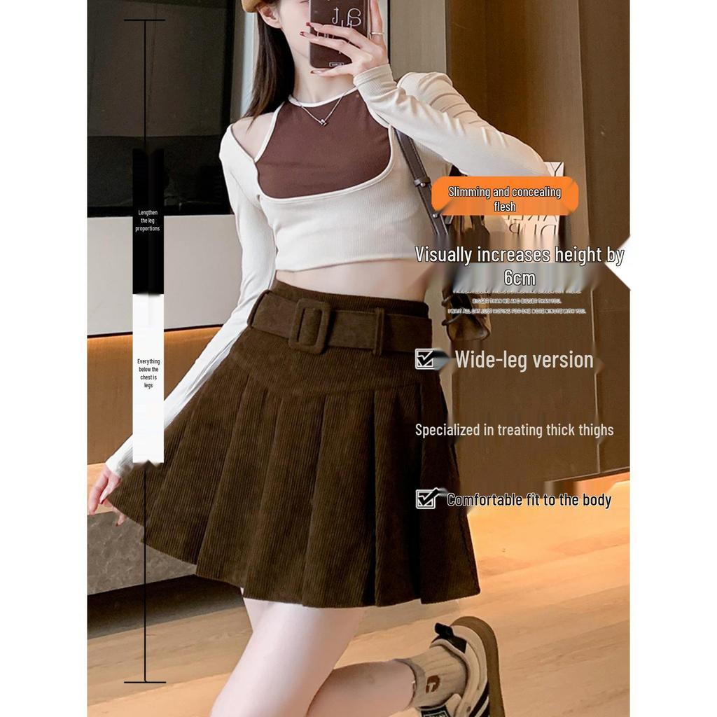 High-Waisted Pleated Chenille A-Line Skirt for Tall Women - Anti-Exposure, Corduroy, Short, Suitable for Spring and Autumn.