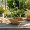 Hand-Woven Wicker Basket Versatile Shallow Oval with Arched Handle Rustic