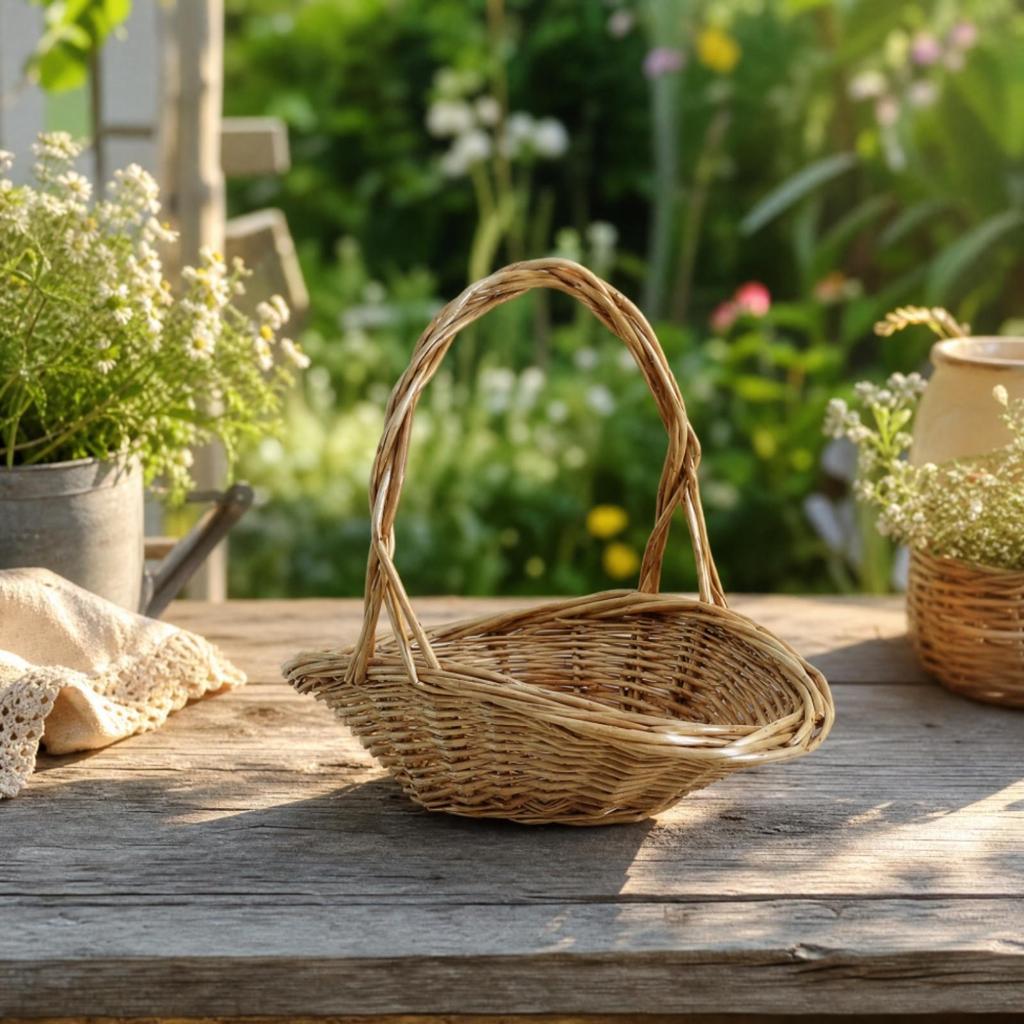 Hand-Woven Wicker Basket Versatile Shallow Oval with Arched Handle Rustic